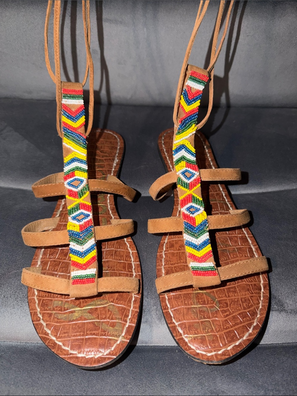 Sam Edelman Brown Gladiator Sandals with Multi-Color Beaded Straps size 9.5